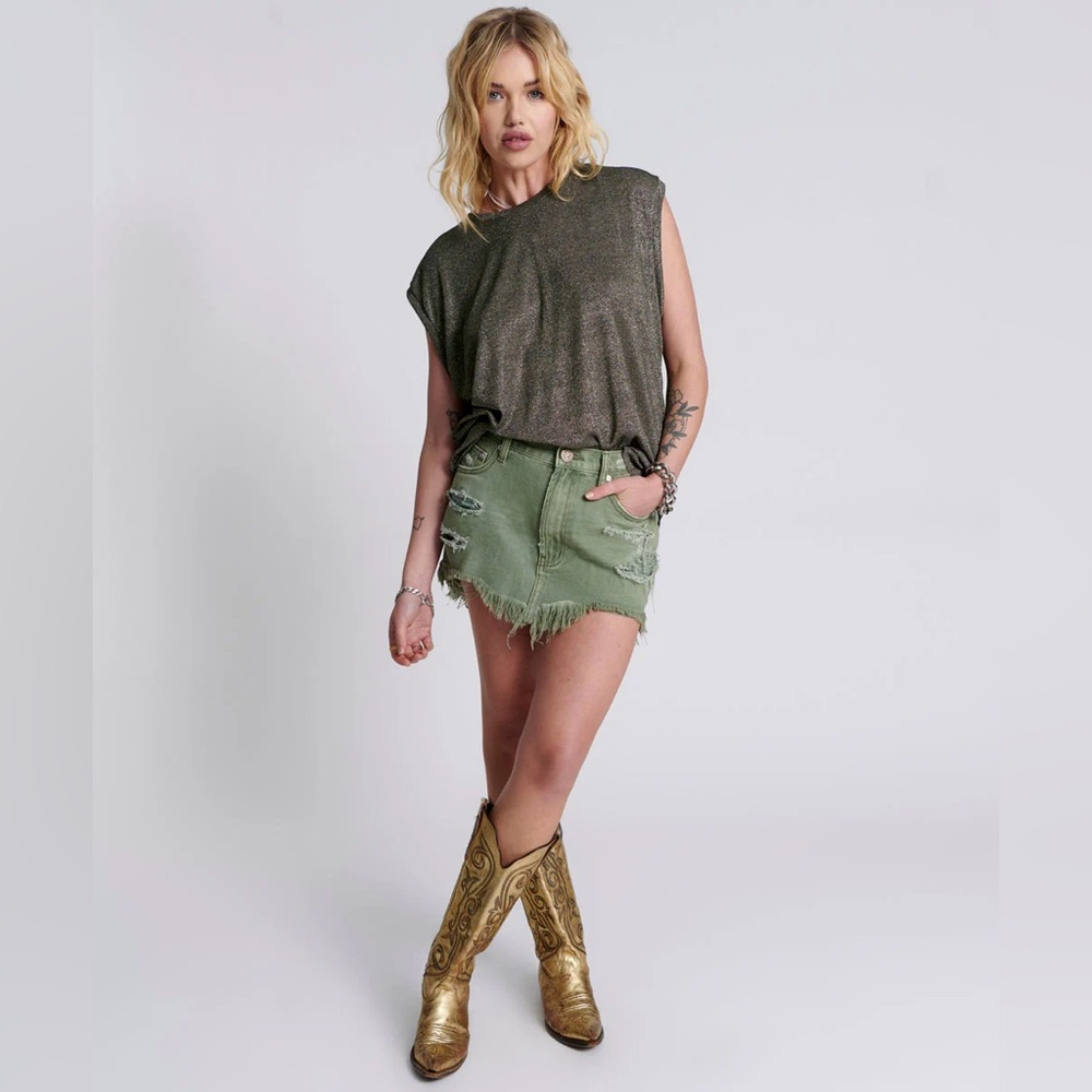 One Teaspoon Junkyard Relaxed Denim Mini Skirt Green • Free People Revolve Vibe